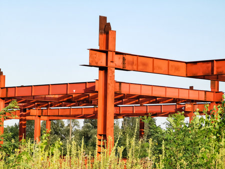 Design of reinforcement cage of reinforcement for concrete frame house, brick house, formwork for concrete pouring, construction site, working crane, construction of housesの写真素材