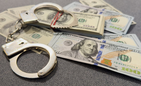 Financial crime, fraud, money laundering, corruption, or law enforcement : Bundles of US dollar 100...