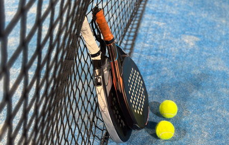 Padel tennis racket. Background with copy space. Sport court and balls.