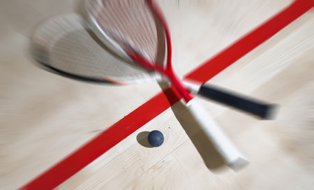 Squash Rackets And a Ball on a Wooden Court Floor. Sport Theme.の写真素材