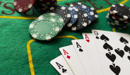 playing chips and playing cards close-up. the view from the top