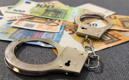 Police handcuffs and money bill pileの写真素材