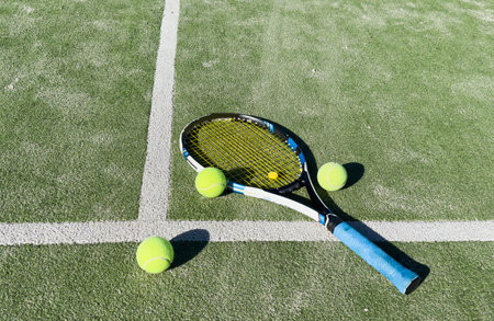 Tennis racket and tennis ball on court.の写真素材