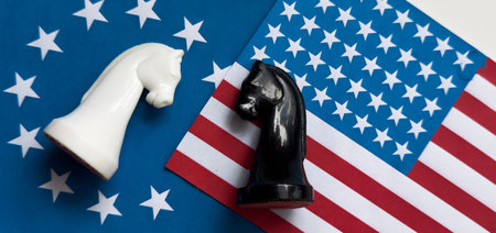USA flag and EU flag print screen on two pawn chess for battle. It is a symbol of the United States of America increasing tariff tax barriers for imported products from EU countries.の写真素材