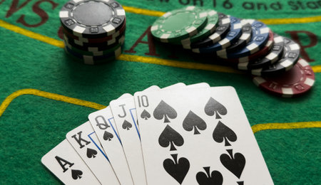 Poker cards and gambling chips on green backgroundの写真素材