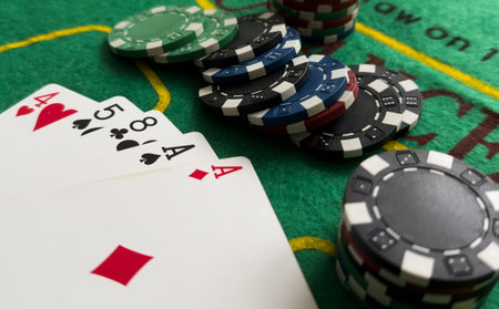 Chips are colored for poker and playing cards on the poker table. poker. casino. win.