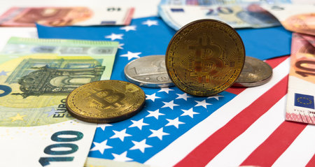 Euro banknotes on EU flag, finance and accounting, banking concept.の写真素材