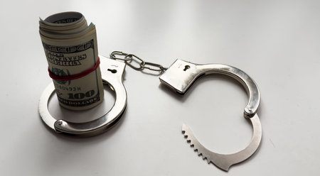 Money and handcuffs isolated on white background