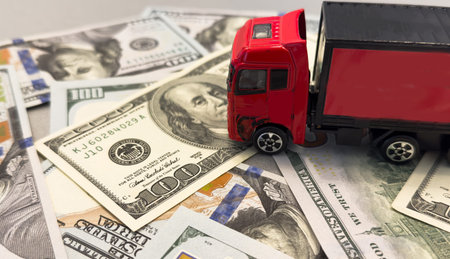 toy truck lie on dollars, space for text.