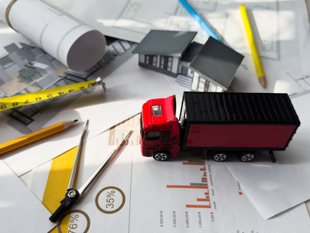 architectural model of houses on desk with drawing technical tools and blueprint rolls, isolated on white background, for building construction plan, interior designer and architect work conceptの写真素材