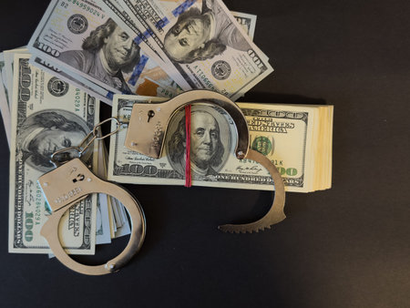 Handcuffs on 100 Bills on Concrete Floor for Crime