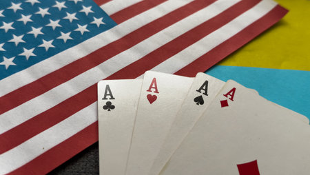 playing cards on the flags of the USA and Ukraineの写真素材