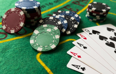 playing chips and playing cards close-up. the view from the topの写真素材