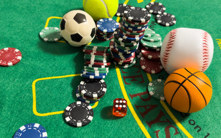 poker chips, dices, soccer, baseball, basketball, tennis ball. Casino, poker, gambling, betting, money win concept.の写真素材