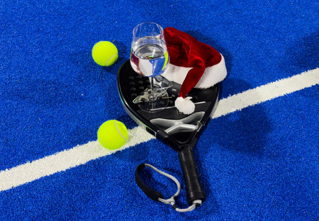 padel racket and santa hatの写真素材