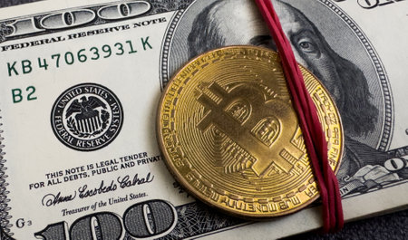 Huge bitcoin coin vs dollars currency. Crypto and paper money concept.の写真素材