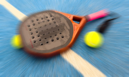padel racket on a padel blue court with a ballの写真素材