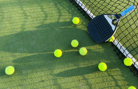 Padel tennis racket sport court and balls. Download a high quality photo with paddle for the design...