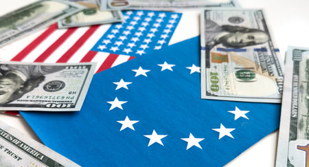 World currency 100 dollars on the background of the American flag. Business. Currency exchange. World crisis.の写真素材