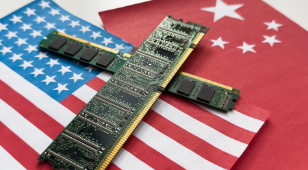 CPU computer (central processing unit) advance technology on Chinese and USA flag. US vs China chip...