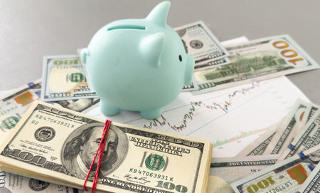 Piggy bank on money backround. Top view. saving concept