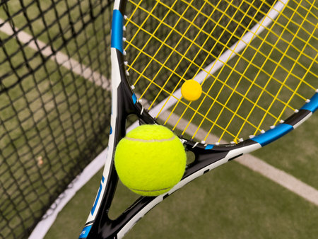 A tennis racket and new tennis ball on a freshly painted tennis courtの写真素材