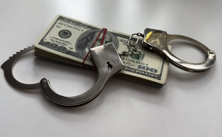 many dollar bills with handcuffsの写真素材
