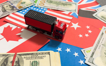 Tariff War shipping, trade and commerce concept with USA dollars loaded on truck bedの写真素材
