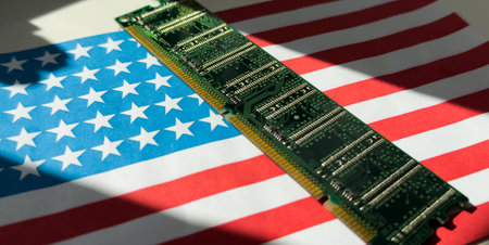 Flag of USA on a processor, CPU Central processing Unit or GPU microchip on a motherboard. Congress passes the CHIPS Act of 2022 to strengthen domestic semiconductor manufacturing, research and designの写真素材
