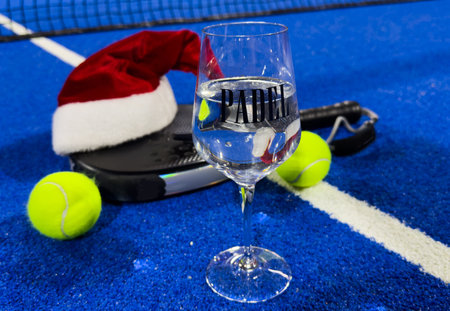 Christmas and New Year concept with Santa hat, tennis ball. Winter sport healthy layout. Holidays conception. Place for your text.の写真素材