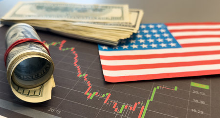Stock market trading graph in red color economy. usa flag dollar bill background. Trading trends and economic development. Effect of recession on US economy. Stock crash market exchange loss tradingの写真素材