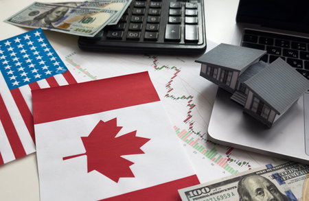 flags of the USA and Canada, dollars, chartsの写真素材