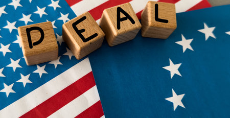 Concept of Bilateral relations and united states of america or USA tariff on EU or european union showing with flagsの写真素材