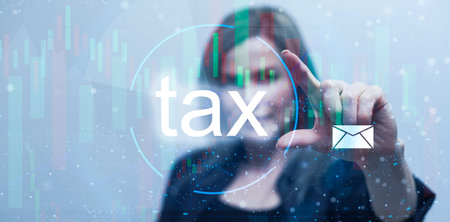 Business hand clicks virtual screen to tax return online for tax payment. Government, state taxes. Data analysis, paperwork, financial research, report. Calculation tax returnの写真素材