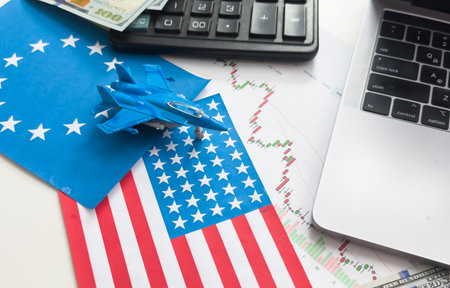 flags of the United States and the European Union, dollars, chartsの写真素材