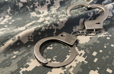 Handcuffs in The Camouflage Army Pants Pocket or Haversack or Bag or Fabric. Background and Texture.の写真素材