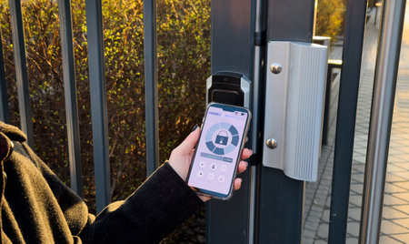 Young stylish woman getting access to the building by attaching smartphone to intercom. Concept of modern security technologies for access and smart homeの写真素材