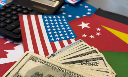 Chip shortage and US-China trade conflict. Global chip shortage crisis and China-United States trade war concept. China flag and US flag on background.の写真素材