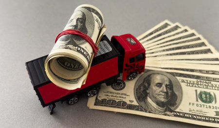 Delivery truck on hundred dollar bills banknotes. Background of moving or trucking concept close upの写真素材