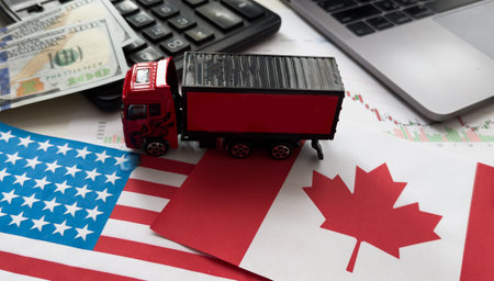 flags of the USA and Canada, dollars, chartsの写真素材
