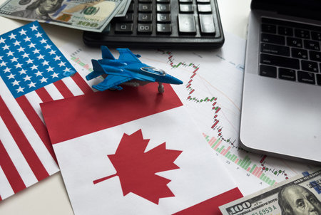 flags of the USA and Canada, dollars, chartsの写真素材