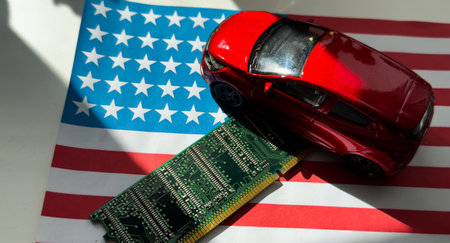toy car model and microcircuit chip US flagの写真素材