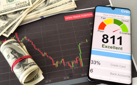 Credit score concept.Businessman evaluate customer statistical data with credit score icon. Online credit score ranking check. Loan, mortgage and payment cards.の写真素材