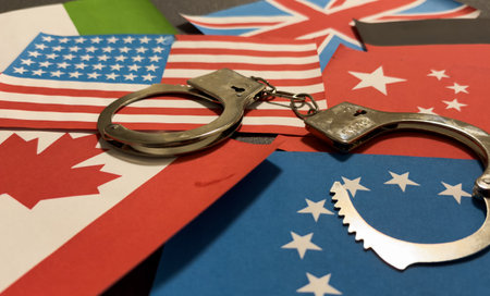 Handcuffs with cash money and flag.の写真素材