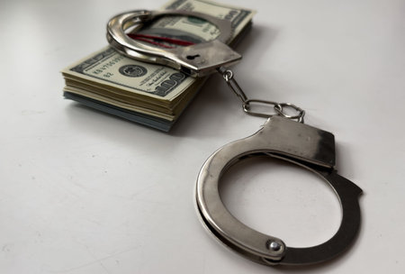 many dollar bills with handcuffsの写真素材