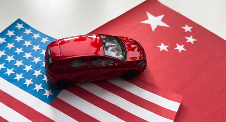 toy car and flags of the USA and Chinaの写真素材