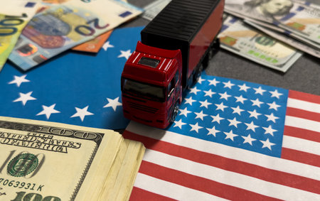 flags of the United States and the European Union, dollarsの写真素材