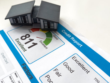 Fair credit score report with toy model of a houseの写真素材