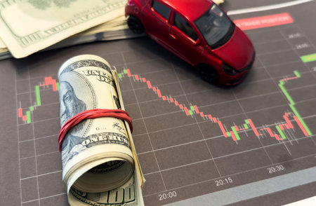graphics down on the background of the car and money cash dollars. Concept of falling car market, insurance, lower prices, repair costsの写真素材