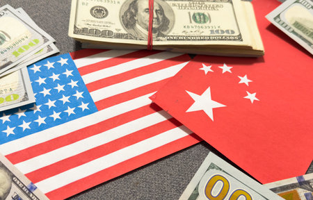 Flags of China and United States of America comparison. USA and China trade war, economic conflict concept.の写真素材